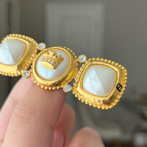 Vintage Fendi Crown Logo Faux Pearl Rhinestone Gold Bar Brooch Collectible